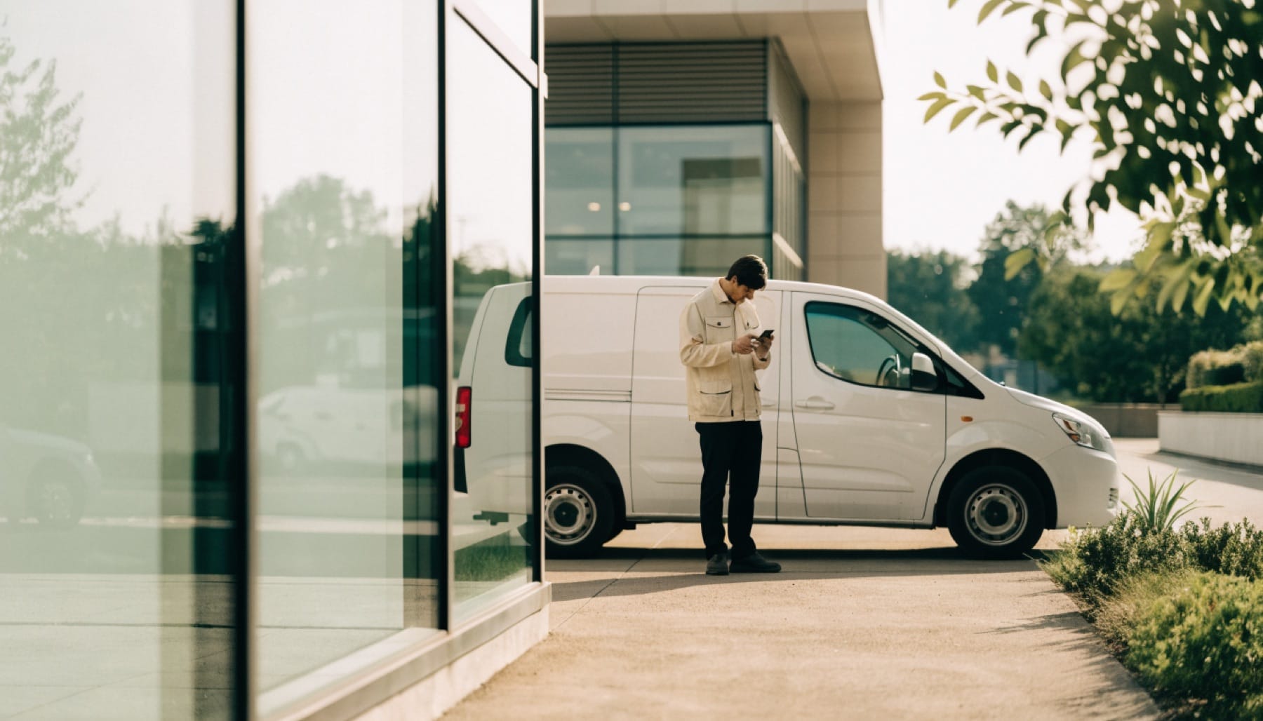A technician uses an app on his phone next to his van