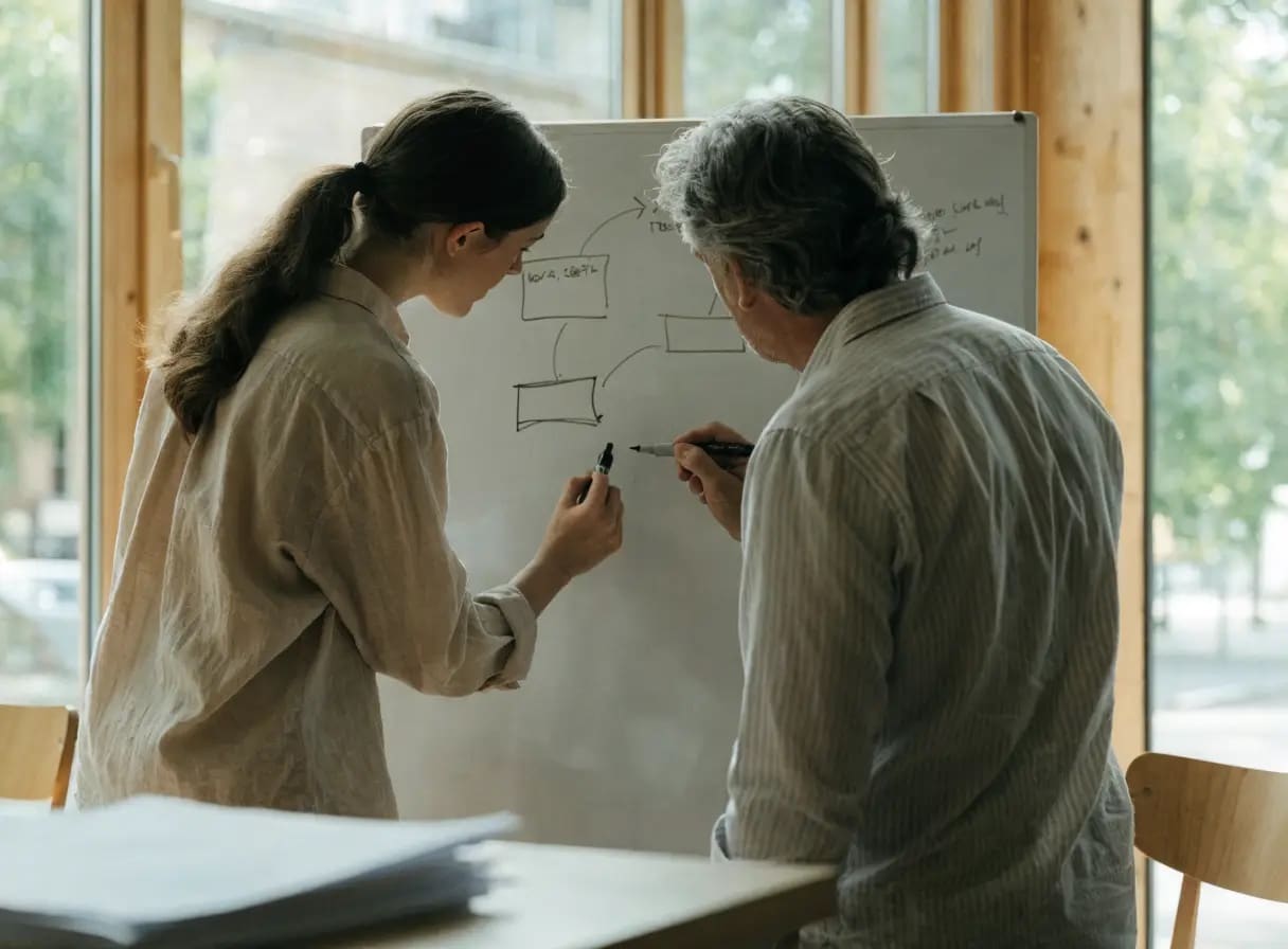 Two developers sketch a data model on a whiteboard