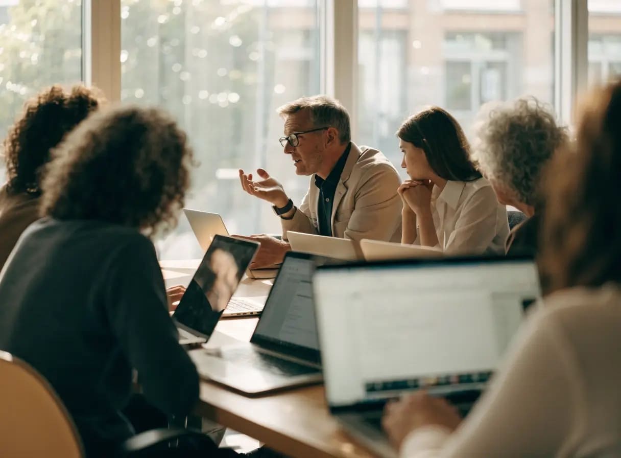 Trainer explains a new internal tool to a group of employees