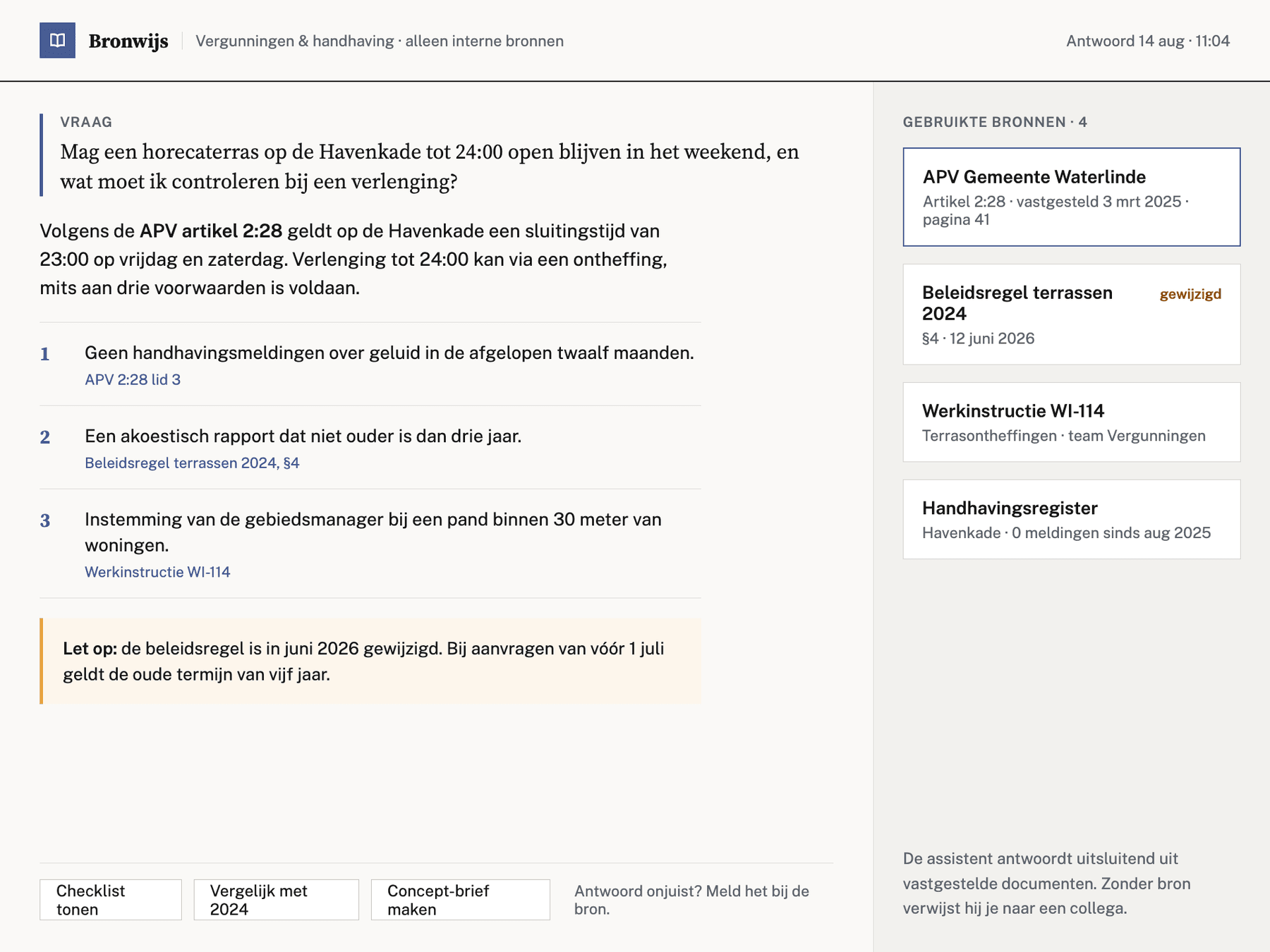 Knowledge assistant answering a regulatory question with references to the approved sources
