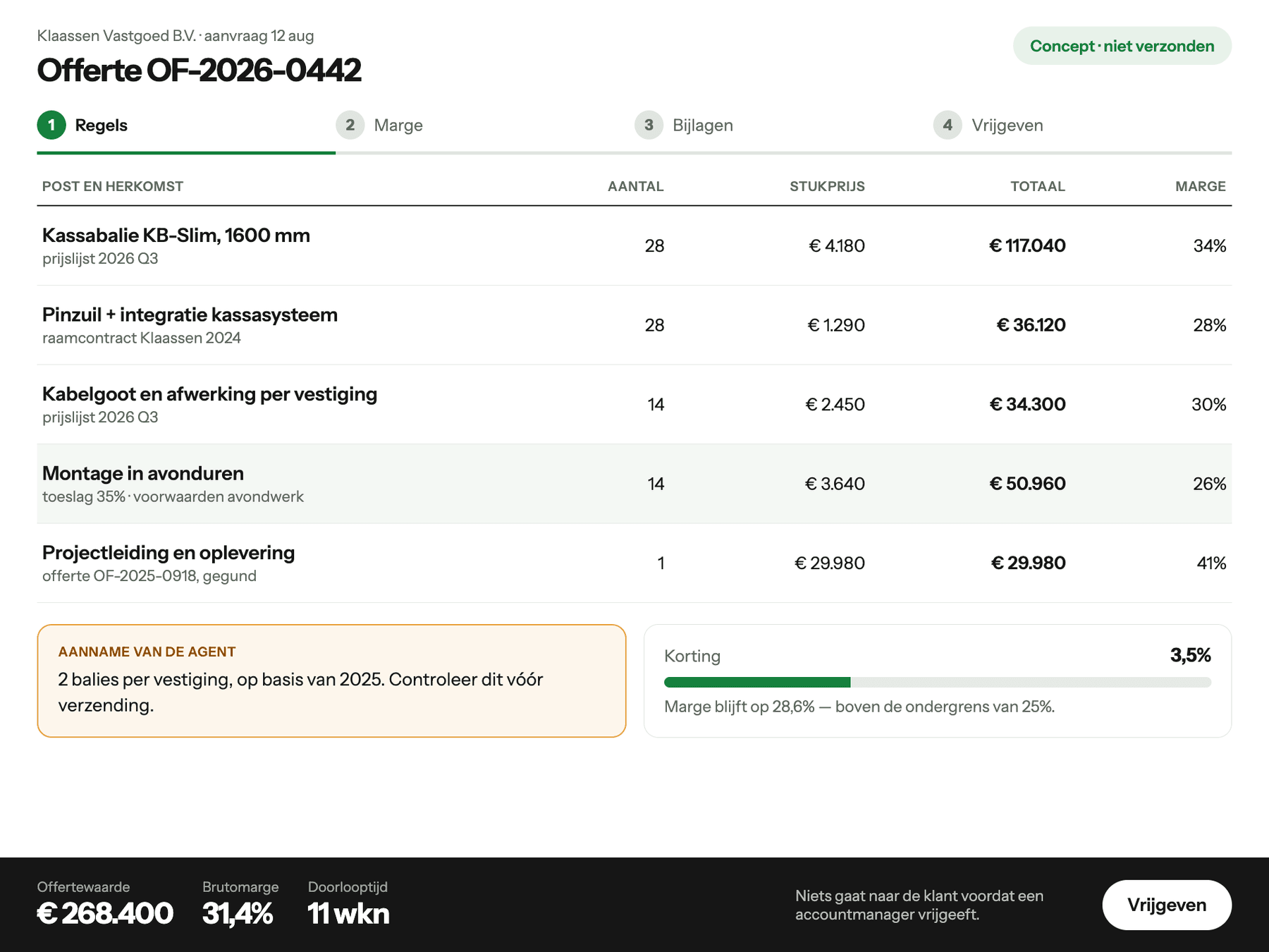 Quote screen with suggested line items, margins and a margin simulation